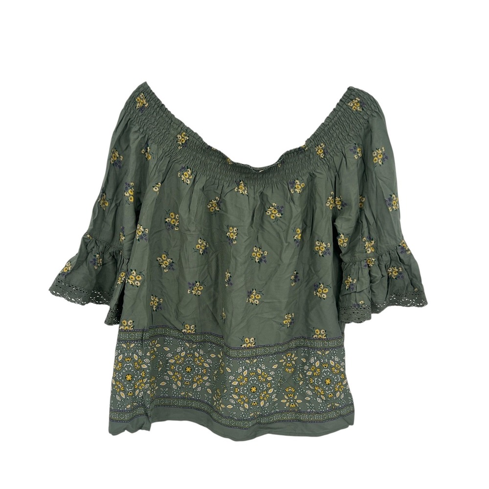 Boho Cottagecore Smocked Peasant Top L Olive Floral‎ Off Shoulder Blouse Gypsy